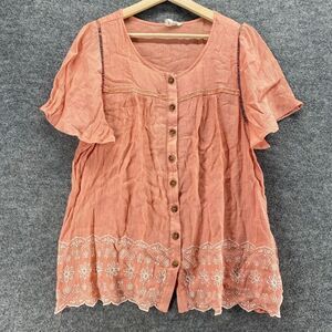 Perch Top Women 2XL Pink Floral Embroidered Button Up Short Sleeve Rayon Casual